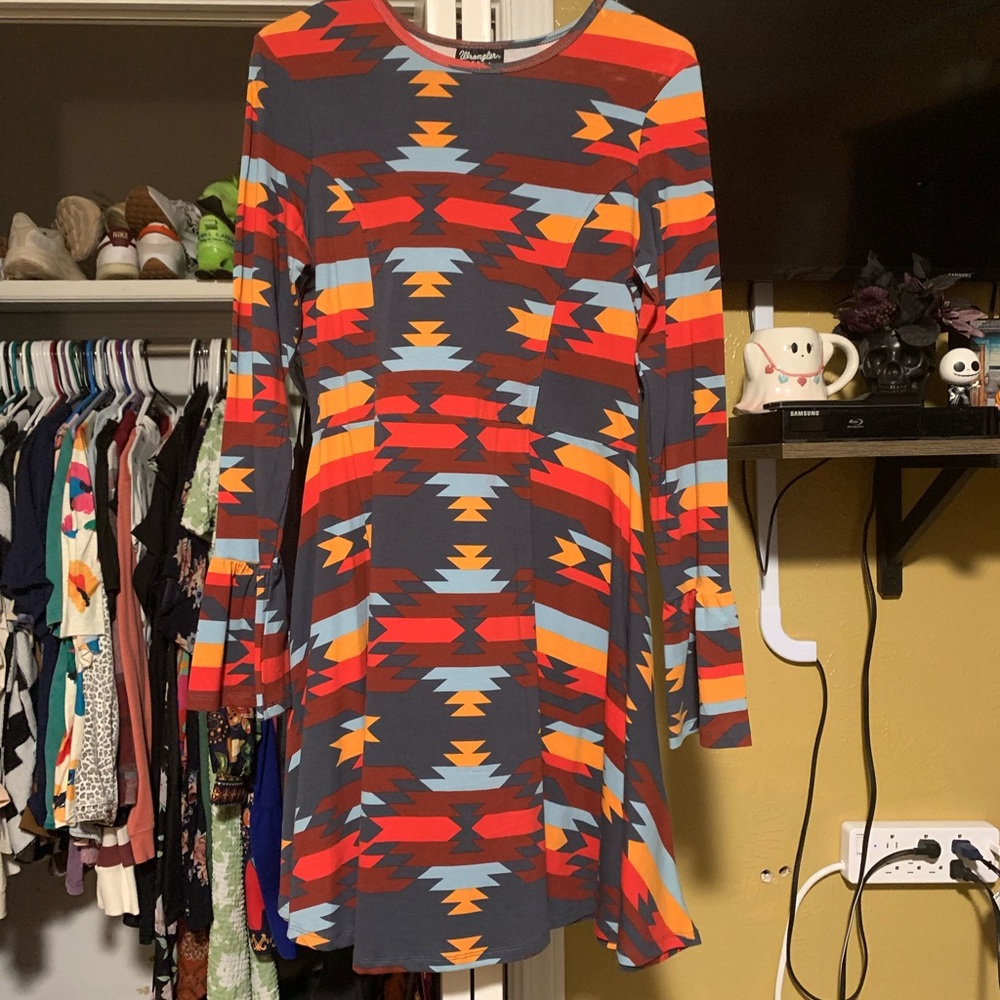 Wrangler Orange and Blue A-Line Long Sleeve Dress